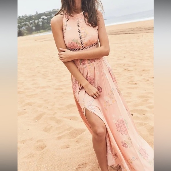 Jaase Endless Summer Bohemian Pink Floral Maxi Dress Smocked Halter Open Back M - Picture 5 of 16